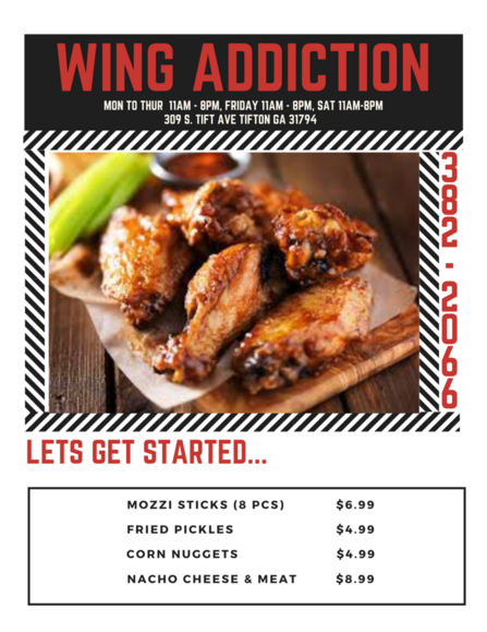 Wing Addiction printed menu page 1 showing wings, chunks, and tenders with prices